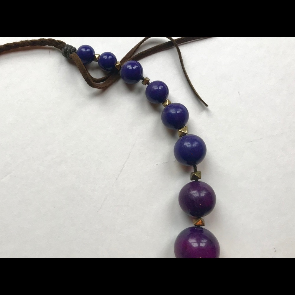 Heavy blue beads on leather cord necklace